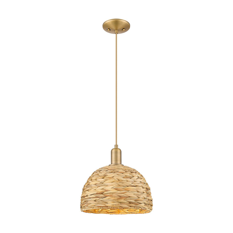 Innovations Woven Rattan 12in 1-Light Mini Pendant | Industrial Brushed Brass and Natural Rattan | Kitchen Island & Dining | Model 716-1P-BB-RBD-12-NAT