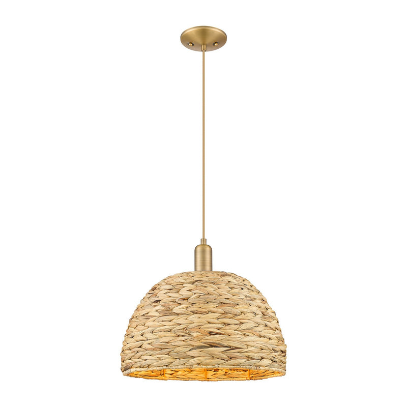 Innovations Woven Rattan 16in 1-Light Mini Pendant | Industrial Brushed Brass and Natural Fiber Dome Shade | Kitchen Island & | Model 716-1P-BB-RBD-16-NAT