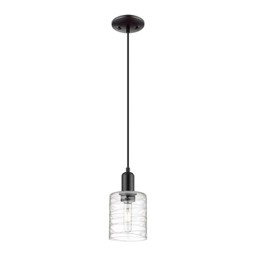 Innovations Cobbleskill 5in 1-Light Mini Pendant | Industrial Matte Black Steel and Deco Swirl Glass | Kitchen Island & Dining | Model 716-1P-BK-G1113