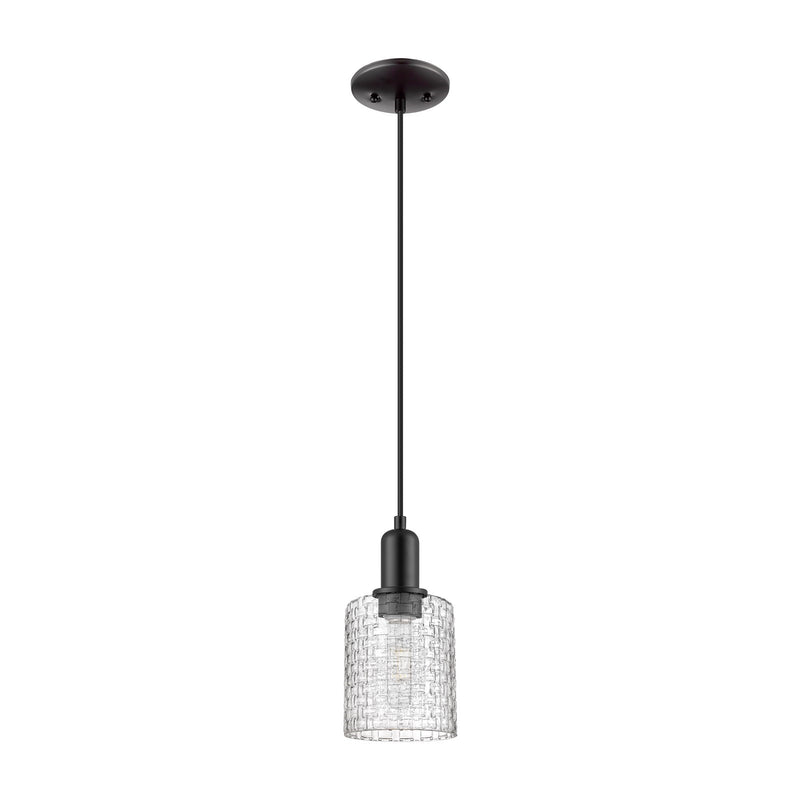Innovations Cobbleskill 5in 1-Light Mini Pendant | Industrial Matte Black Steel and Clear Basket Weave Glass | Kitchen Island | Model 716-1P-BK-G112C-5CL