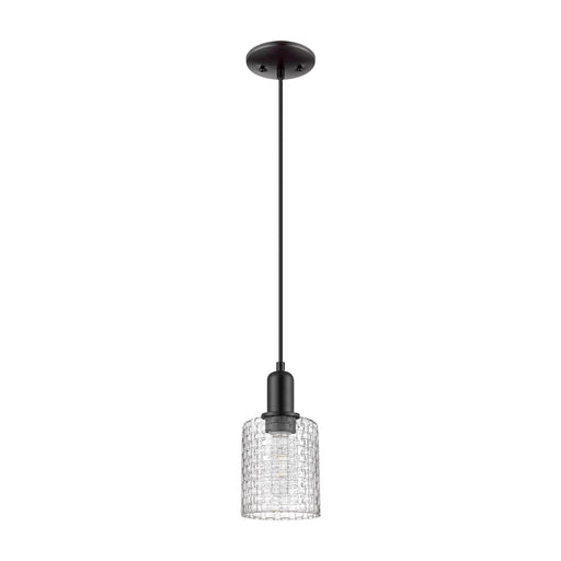 Innovations Cobbleskill 5in 1-Light Mini Pendant | Industrial Matte Black Steel and Clear Basket Weave Glass | Kitchen Island | Model 716-1P-BK-G112C-5CL