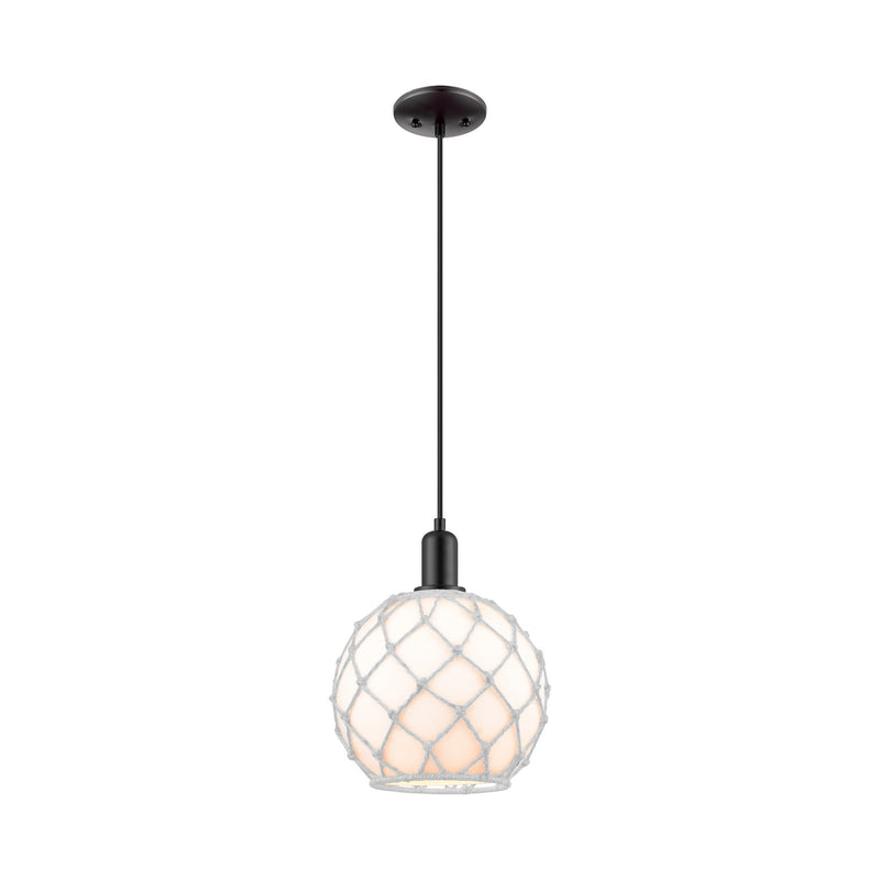 Innovations Farmhouse Rope 10in 1-Light Mini Pendant | Industrial Matte Black Steel and White Glass with Rope | Kitchen Island | Model 716-1P-BK-G121-10RW