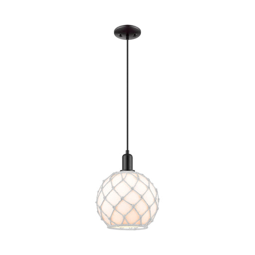 Innovations Farmhouse Rope 10in 1-Light Mini Pendant | Industrial Matte Black Steel and White Glass with Rope | Kitchen Island | Model 716-1P-BK-G121-10RW