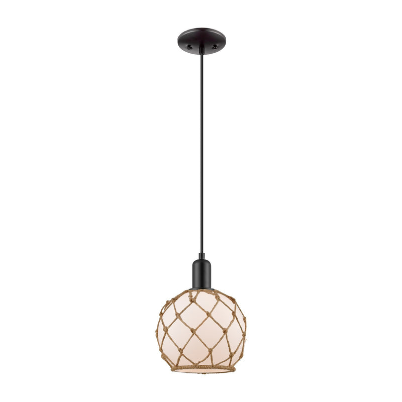 Innovations Farmhouse Rope 8in 1-Light Mini Pendant | Industrial Matte Black Steel and White Frosted Glass with Brown Rope | Model 716-1P-BK-G121-8RB