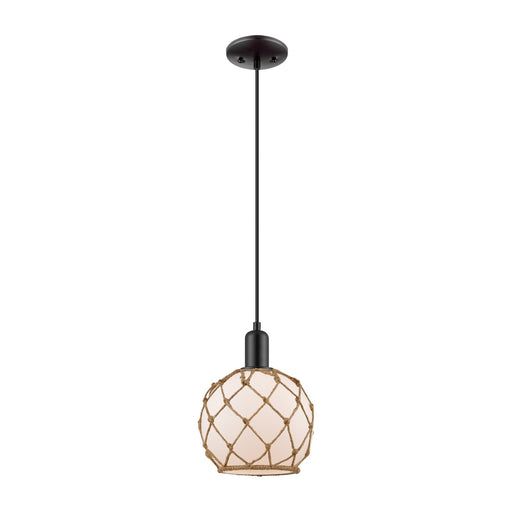 Innovations Farmhouse Rope 8in 1-Light Mini Pendant | Industrial Matte Black Steel and White Frosted Glass with Brown Rope | Model 716-1P-BK-G121-8RB