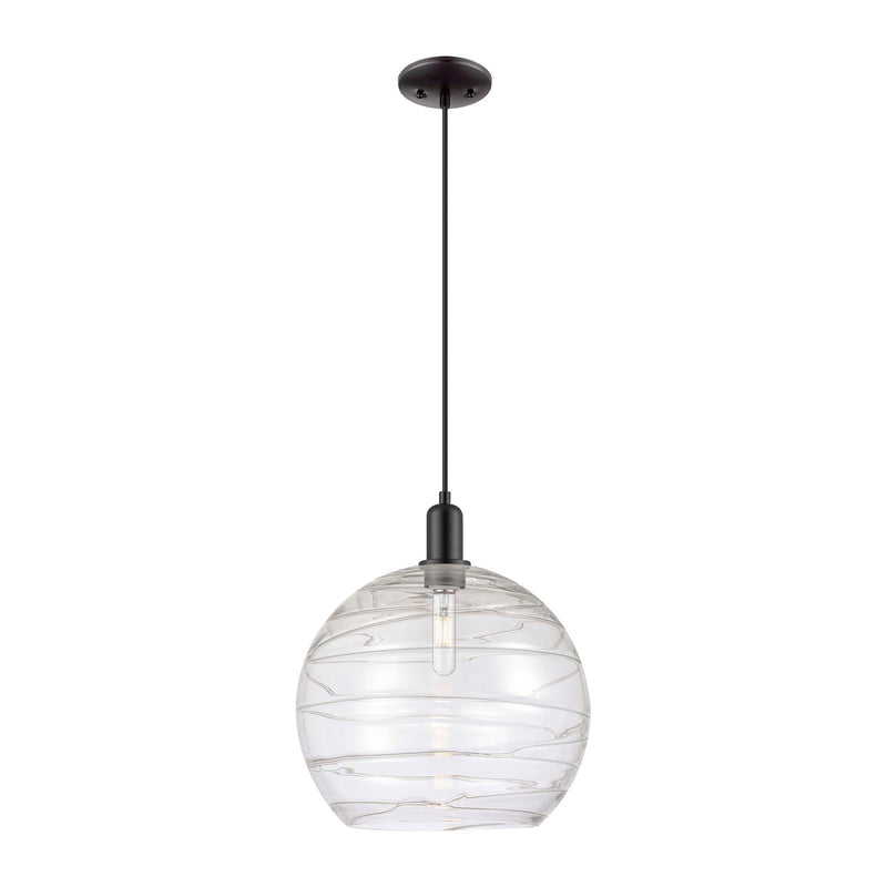 Innovations Athens Deco Swirl 14in 1-Light Mini Pendant | Industrial Matte Black Steel and Clear Deco Swirl Glass | Kitchen | Model 716-1P-BK-G1213-14CL