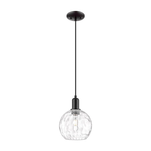 Innovations Athens Water Glass 8in 1-Light Mini Pendant | Industrial Matte Black Steel and Clear Glass | Kitchen Island & Dining | Model 716-1P-BK-G1215-8