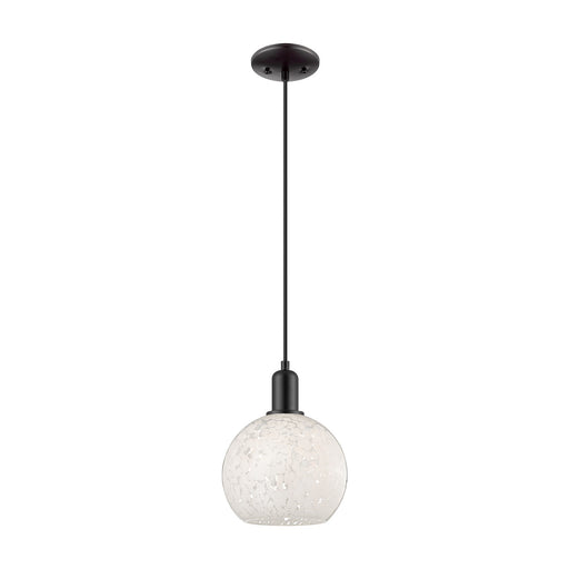 Innovations White Mouchette 8in 1-Light Mini Pendant | Industrial Matte Black Steel and White Mouchette Glass | Kitchen Island | Model 716-1P-BK-G1216-8WM