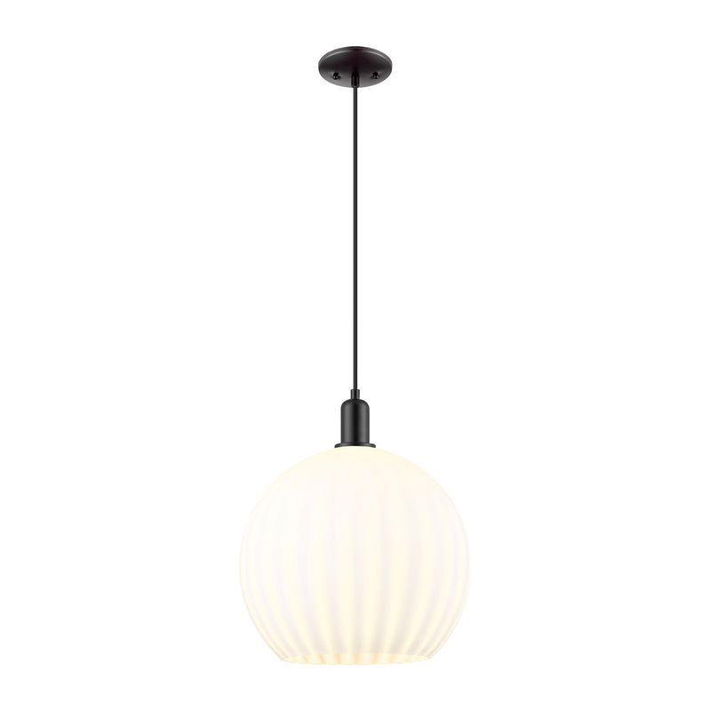 Innovations Lighting White Venetian 14in 1-Light Mini Pendant | Industrial Matte Black Steel and White Venetian Glass | Model 716-1P-BK-G1217-14WV