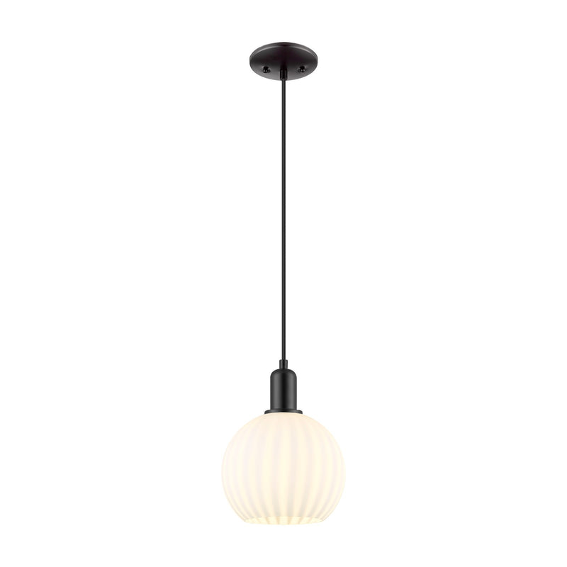 Innovations Arcadia 8in 1-Light Mini Pendant | Industrial Matte Black Steel and White Venetian Glass | Kitchen Island & Dining | Model 716-1P-BK-G1217-8WV