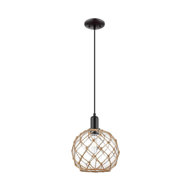 Innovations Farmhouse Rope 10in 1-Light Mini Pendant | Industrial Matte Black Steel and Clear Glass with Brown Rope | Kitchen | Model 716-1P-BK-G122-10RB