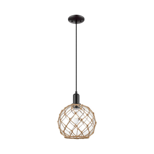 Innovations Farmhouse Rope 10in 1-Light Mini Pendant | Industrial Matte Black Steel and Clear Glass with Brown Rope | Kitchen | Model 716-1P-BK-G122-10RB