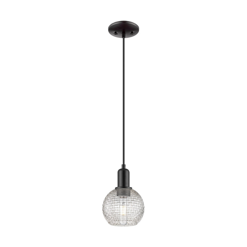 Innovations Athens 6in 1-Light Mini Pendant | Industrial Matte Black Steel and Clear Basket Weave Glass | Kitchen Island & | Model 716-1P-BK-G122C-6CL