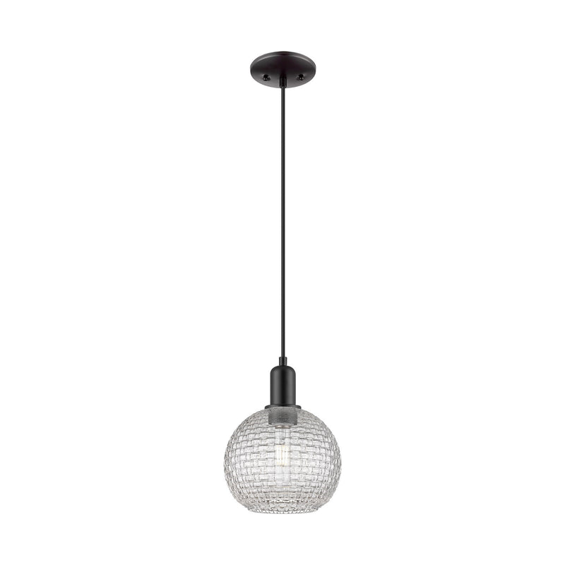 Innovations Athens 8in 1-Light Mini Pendant | Industrial Matte Black Steel and Clear Basket Weave Glass | Kitchen Island & | Model 716-1P-BK-G122C-8CL