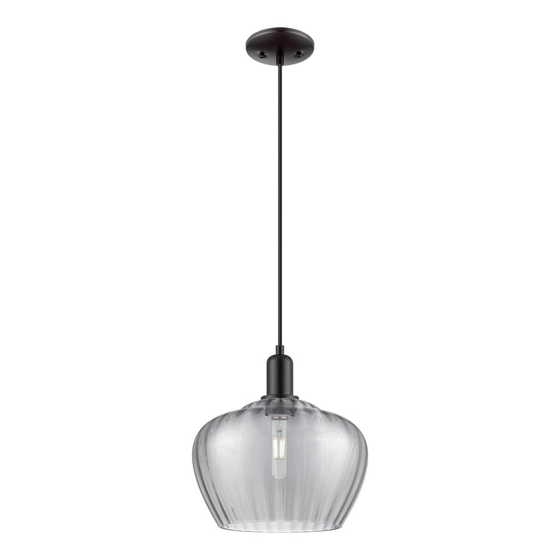 Innovations Fenton 11in 1-Light Mini Pendant | Industrial Matte Black Steel and Light Smoke Ribbed Glass | Kitchen Island & Dining | Model 716-1P-BK-G93-L