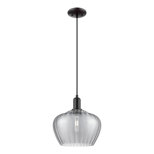 Innovations Fenton 11in 1-Light Mini Pendant | Industrial Matte Black Steel and Light Smoke Ribbed Glass | Kitchen Island & Dining | Model 716-1P-BK-G93-L