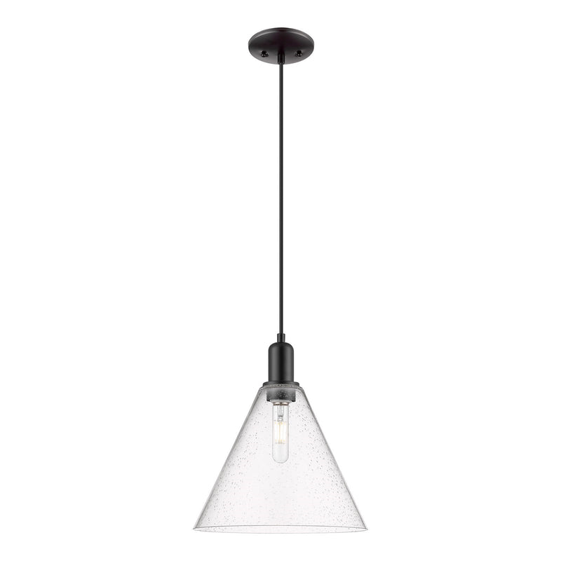 Innovations Berkshire Glass 12in 1-Light Mini Pendant | Industrial Matte Black Steel and Seedy Glass | Kitchen Island & Dining | Model 716-1P-BK-GBC-124