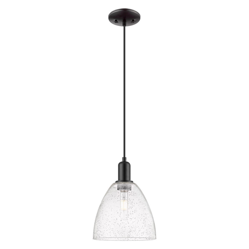 Innovations Bristol 9in 1-Light Mini Pendant | Industrial Matte Black Steel and Seedy Glass | Kitchen Island & Dining Room | 9 x | Model 716-1P-BK-GBD-94