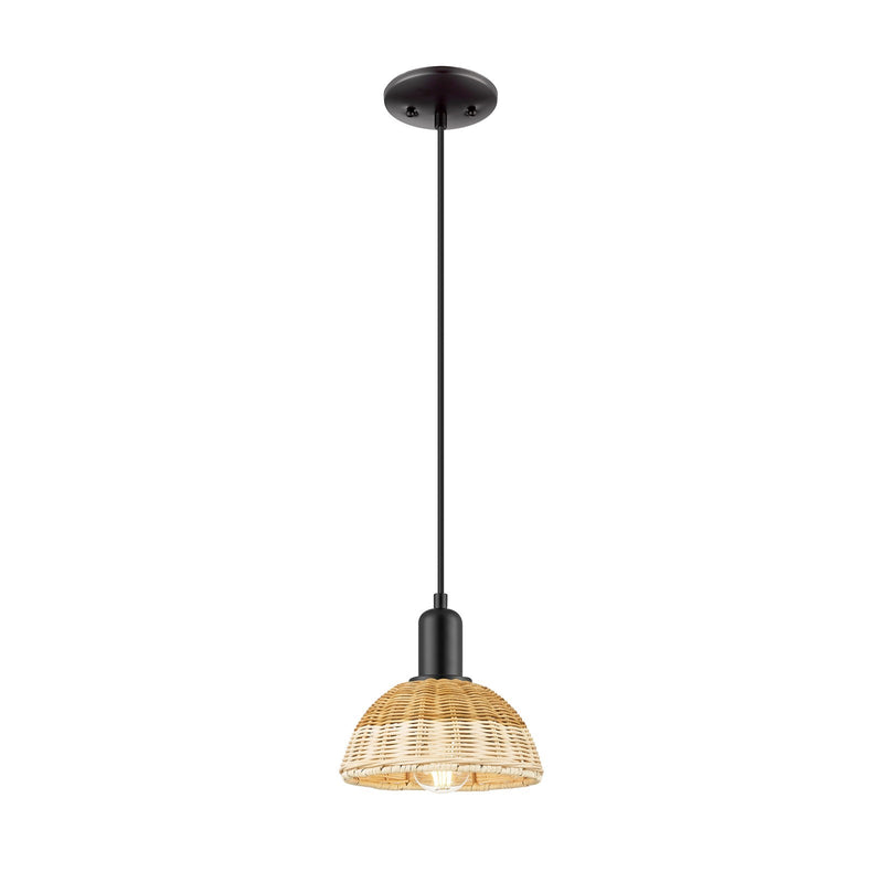 Innovations Natural Ballston Dome 7.5in 1-Light Mini Pendant | Farmhouse Matte Black Steel and Natural Fiber Dome Shade | Model 716-1P-BK-NBD2-75-NAT