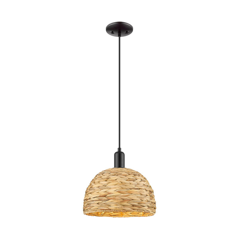 Innovations Woven Rattan 12in 1-Light Mini Pendant | Industrial Matte Black Steel and Natural Fiber Dome | Kitchen Island & | Model 716-1P-BK-RBD-12-NAT