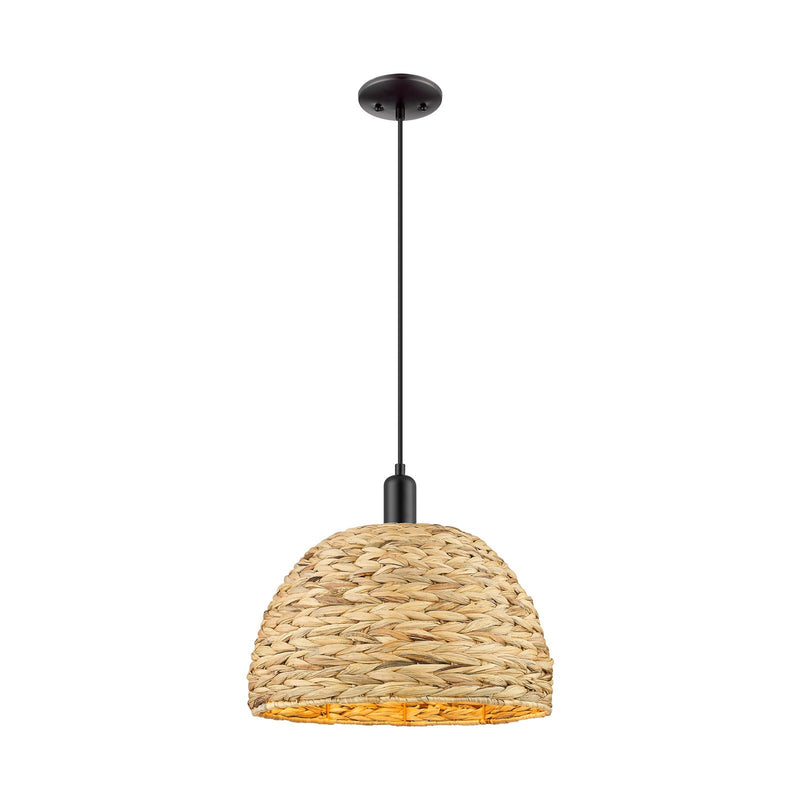 Innovations Woven Rattan 16in 1-Light Mini Pendant | Industrial Matte Black Steel and Natural Fiber Dome Shade | Kitchen | Model 716-1P-BK-RBD-16-NAT