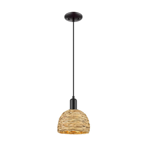 Innovations Arcadia 8in 1-Light Mini Pendant | Rustic Matte Black Steel and Natural Woven Rattan Dome Shade | Kitchen Island & | Model 716-1P-BK-RBD-8-NAT