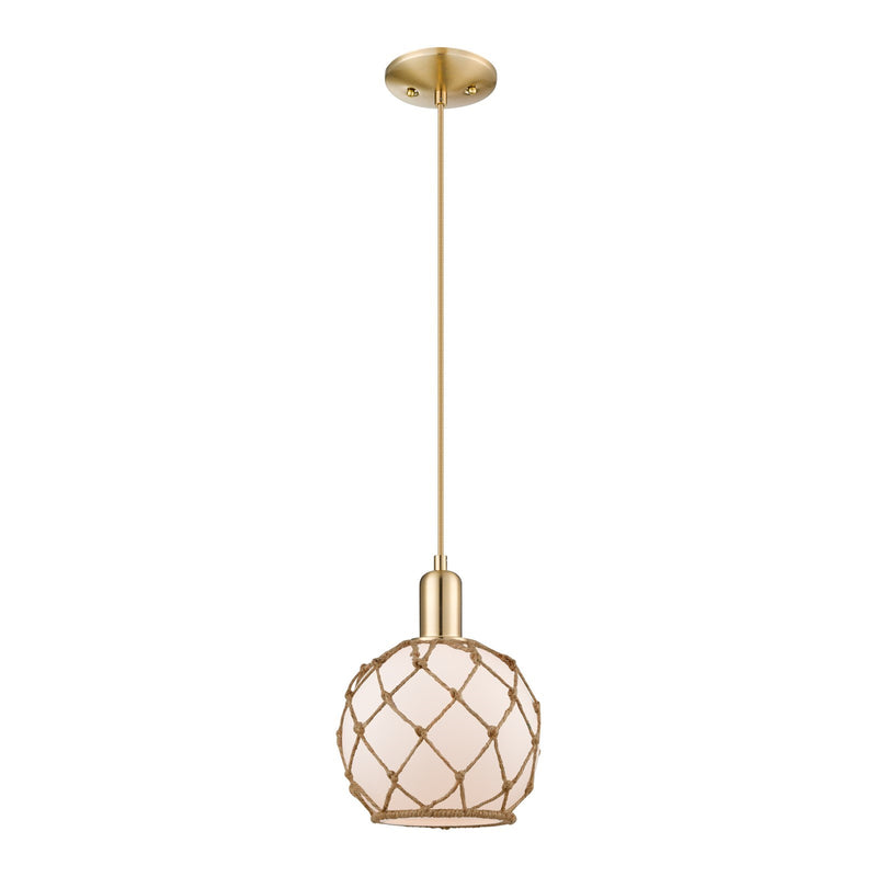 Innovations Farmhouse Rope 8in 1-Light Mini Pendant | Industrial Champagne Bronze Steel and White Frosted Glass with Brown Rope | Model 716-1P-CB-G121-8RB