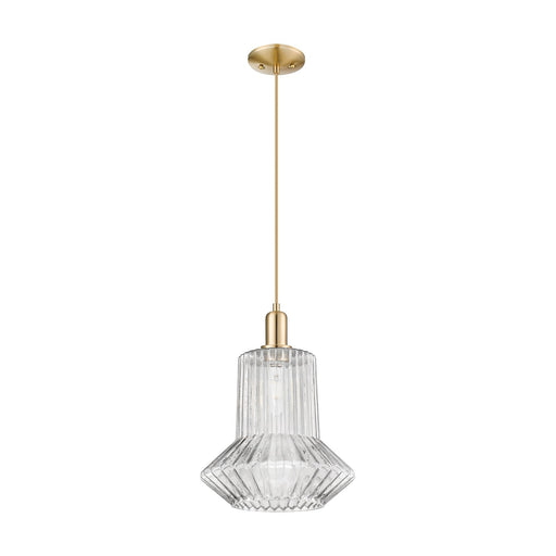 Innovations Springwater 12in 1-Light Mini Pendant | Industrial Champagne Bronze Steel and Clear Fluted Glass | Kitchen Island & | Model 716-1P-CB-G212