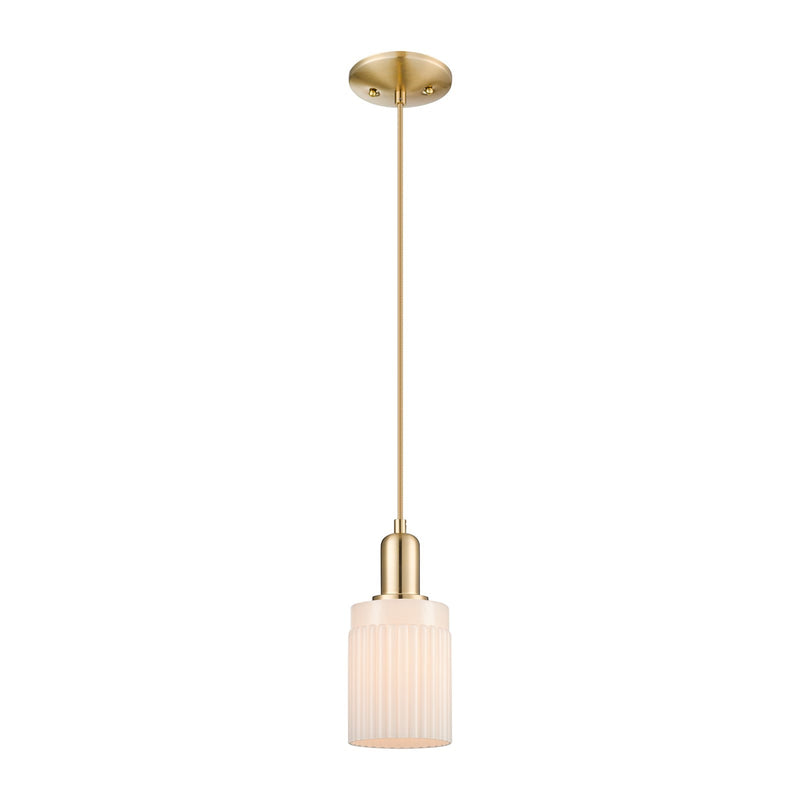 Innovations Hadley 5in 1-Light Mini Pendant | Industrial Champagne Bronze Steel and Matte White Ribbed Glass | Kitchen Island & | Model 716-1P-CB-G341