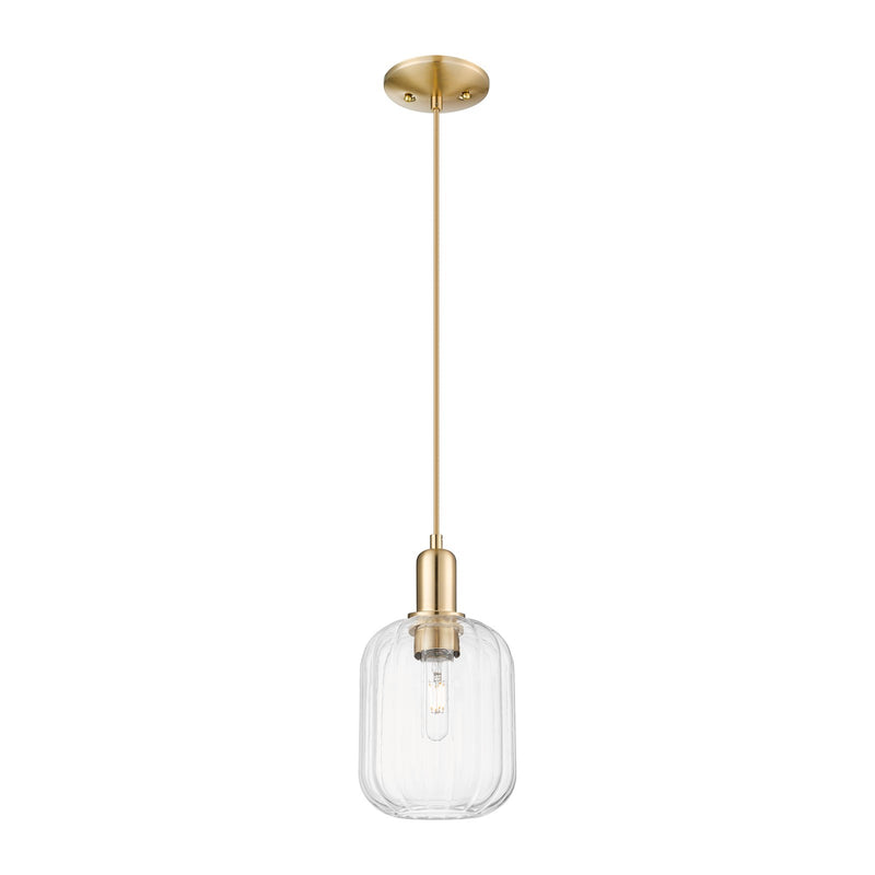 Innovations Preston Cylinder 6.75in 1-Light Mini Pendant | Industrial Champagne Bronze Steel and Clear Glass | Kitchen Island & | Model 716-1P-CB-G460-7CL