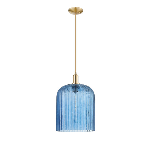Innovations Bridal Veil 12in 1-Light Mini Pendant | Industrial Champagne Bronze Steel and Blue Ribbed Glass | Kitchen Island & | Model 716-1P-CB-G559-12BL