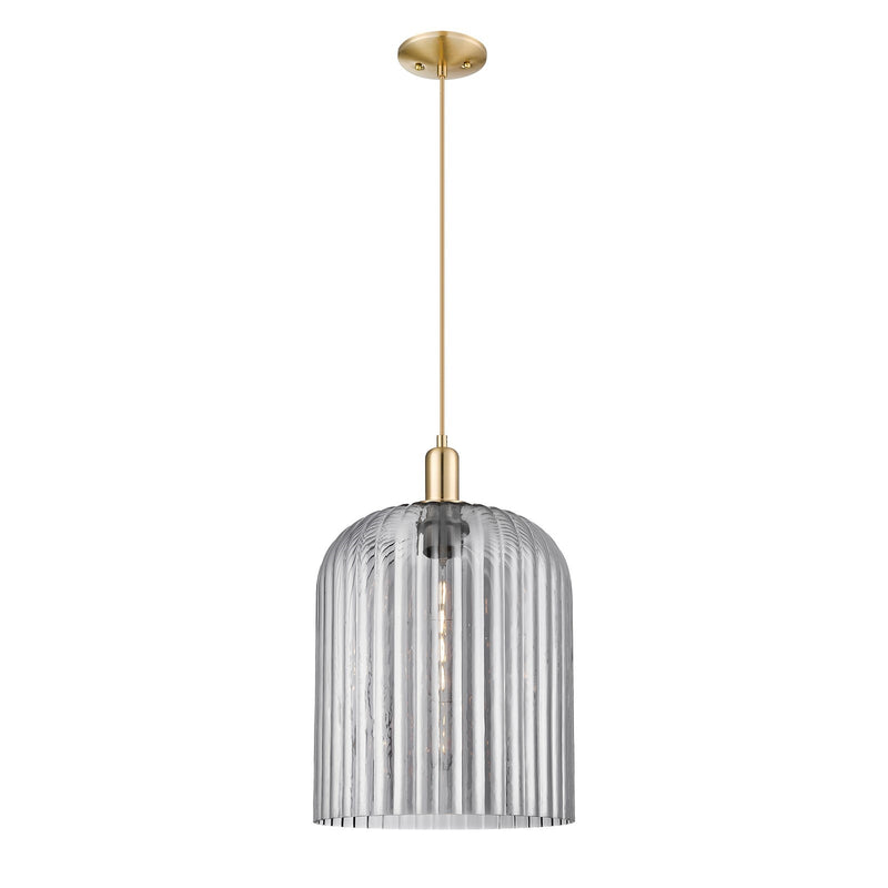 Innovations Bridal Veil 12in 1-Light Mini Pendant | Industrial Champagne Bronze Steel and Light Smoke Ribbed Glass | Kitchen | Model 716-1P-CB-G559-12SM