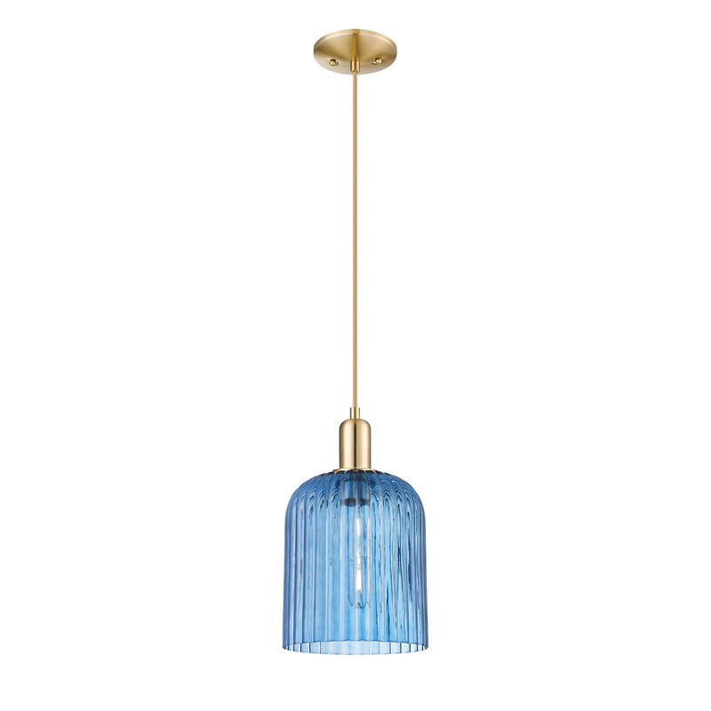 Innovations Bridal Veil 8in 1-Light Mini Pendant | Industrial Champagne Bronze Steel and Princess Blue Ribbed Glass | Kitchen | Model 716-1P-CB-G559-8BL