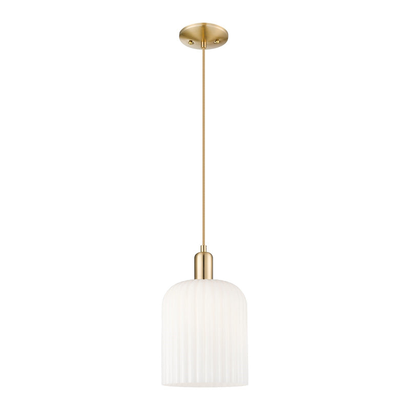 Innovations Bridal Veil 8in 1-Light Mini Pendant | Industrial Champagne Bronze and Gloss White Ribbed Glass | Kitchen Island & | Model 716-1P-CB-G559-8GWH