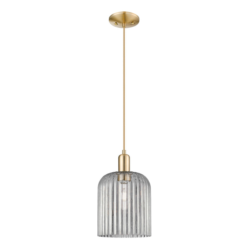 Innovations Bridal Veil 8in 1-Light Mini Pendant | Industrial Champagne Bronze Steel and Light Smoke Ribbed Glass | Kitchen | Model 716-1P-CB-G559-8SM