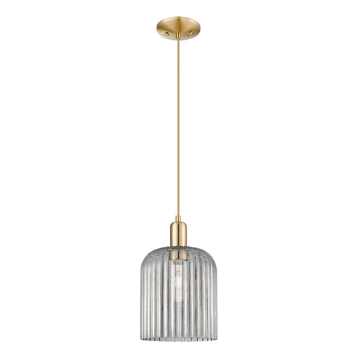 Innovations Bridal Veil 8in 1-Light Mini Pendant | Industrial Champagne Bronze Steel and Light Smoke Ribbed Glass | Kitchen | Model 716-1P-CB-G559-8SM