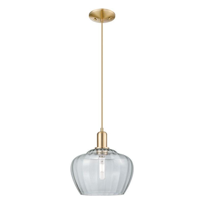 Innovations Fenton 11in 1-Light Mini Pendant | Industrial Champagne Bronze Steel and Clear Ribbed Glass | Kitchen Island & Dining | Model 716-1P-CB-G92-L