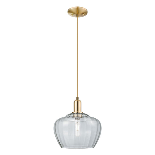 Innovations Fenton 11in 1-Light Mini Pendant | Industrial Champagne Bronze Steel and Clear Ribbed Glass | Kitchen Island & Dining | Model 716-1P-CB-G92-L