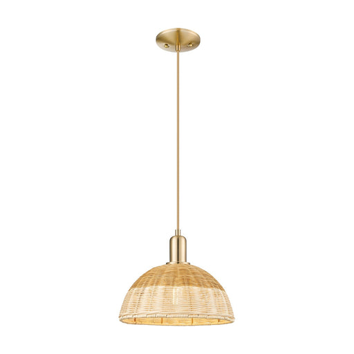 Innovations Natural Ballston Dome 12in 1-Light Mini Pendant | Farmhouse Champagne Bronze Steel and Natural Fiber Dome Shade | Model 716-1P-CB-NBD2-12-NAT