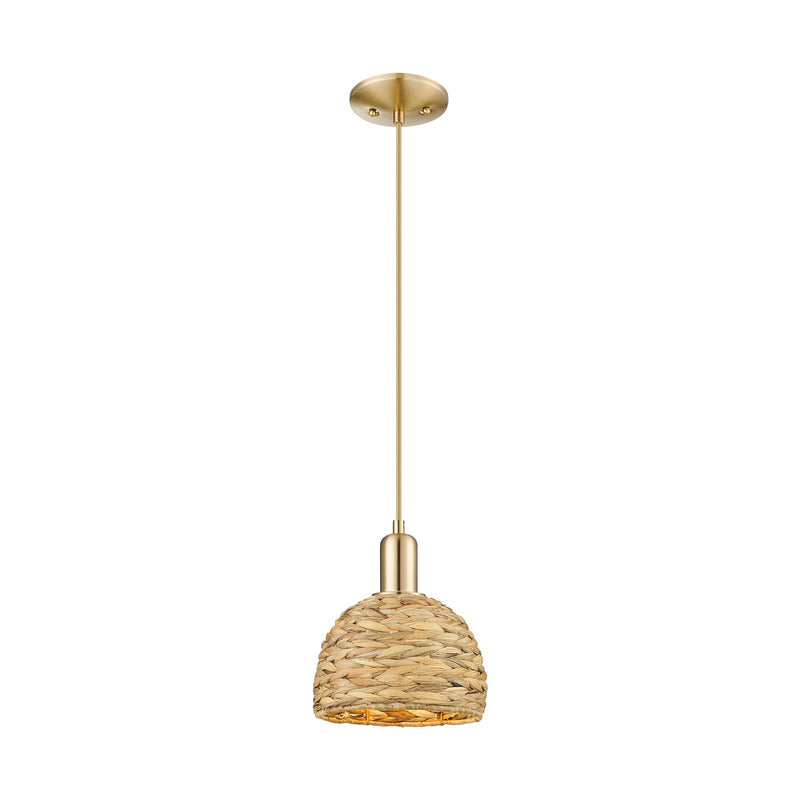 Innovations Woven Rattan 8in 1-Light Mini Pendant | Industrial Champagne Bronze Steel and Natural Fiber Dome Shade | Kitchen | Model 716-1P-CB-RBD-8-NAT