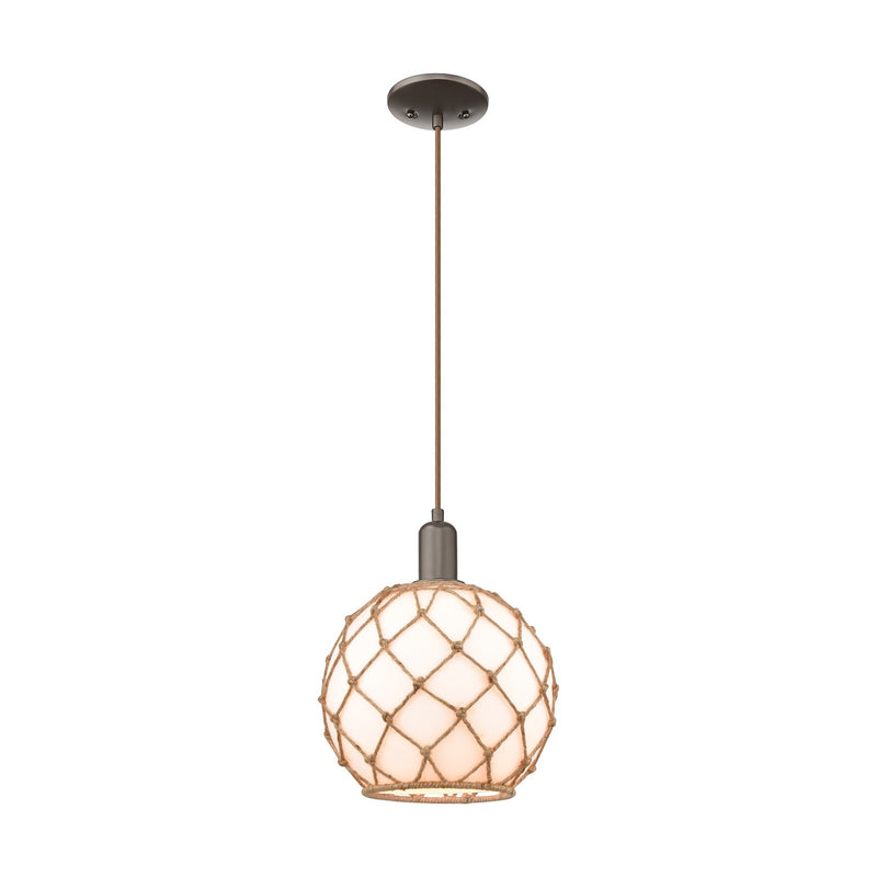 Innovations Farmhouse Rope 10in 1-Light Mini Pendant | Industrial Oil Rubbed Bronze Steel and Matte White Glass with Brown | Model 716-1P-OB-G121-10RB