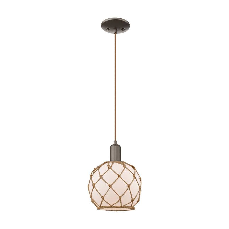 Innovations Farmhouse Rope 8in 1-Light Mini Pendant | Industrial Oil Rubbed Bronze Steel and White Frosted Glass with Brown | Model 716-1P-OB-G121-8RB