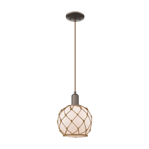 Innovations Farmhouse Rope 8in 1-Light Mini Pendant | Industrial Oil Rubbed Bronze Steel and White Frosted Glass with Brown | Model 716-1P-OB-G121-8RB