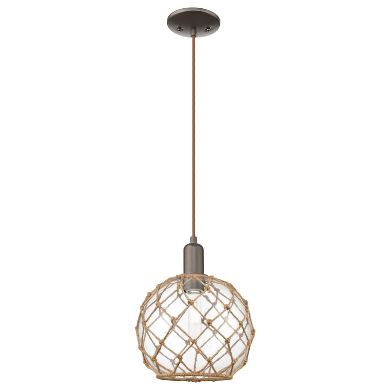 Innovations Farmhouse Rope 10in 1-Light Mini Pendant | Industrial Oil Rubbed Bronze Steel and Clear Glass with Brown Rope | Model 716-1P-OB-G122-10RB
