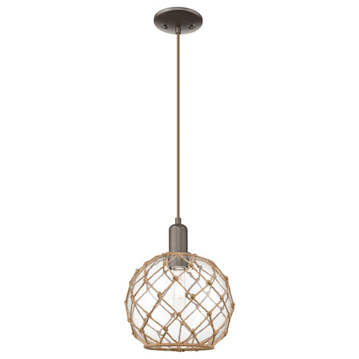Innovations Farmhouse Rope 10in 1-Light Mini Pendant | Industrial Oil Rubbed Bronze Steel and Clear Glass with Brown Rope | Model 716-1P-OB-G122-10RB