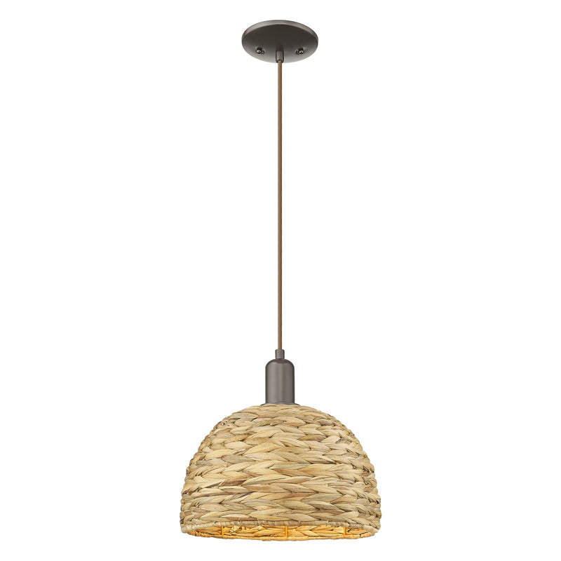 Innovations Woven Rattan 12in 1-Light Mini Pendant | Industrial Oil Rubbed Bronze Steel and Natural Fiber Dome Shade | Model 716-1P-OB-RBD-12-NAT