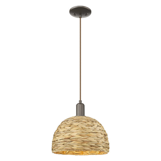 Innovations Woven Rattan 12in 1-Light Mini Pendant | Industrial Oil Rubbed Bronze Steel and Natural Fiber Dome Shade | Model 716-1P-OB-RBD-12-NAT