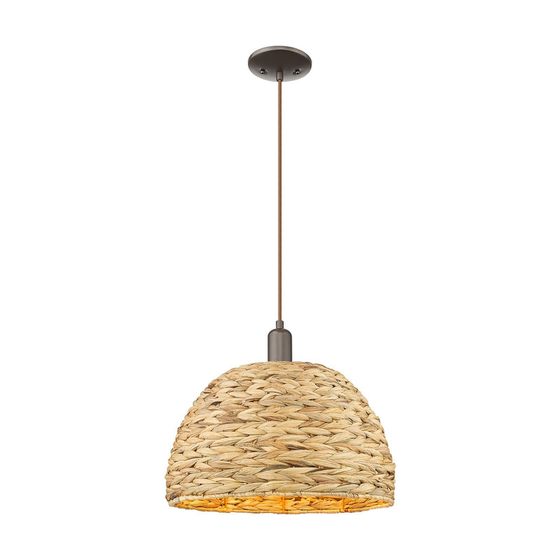 Innovations Woven Rattan 16in 1-Light Mini Pendant | Industrial Oil Rubbed Bronze Steel and Natural Fiber Dome Shade | Model 716-1P-OB-RBD-16-NAT