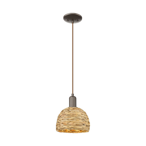 Innovations Woven Rattan 8in 1-Light Mini Pendant | Rustic Farmhouse Oil Rubbed Bronze Steel and Natural Woven Rattan Shade | Model 716-1P-OB-RBD-8-NAT