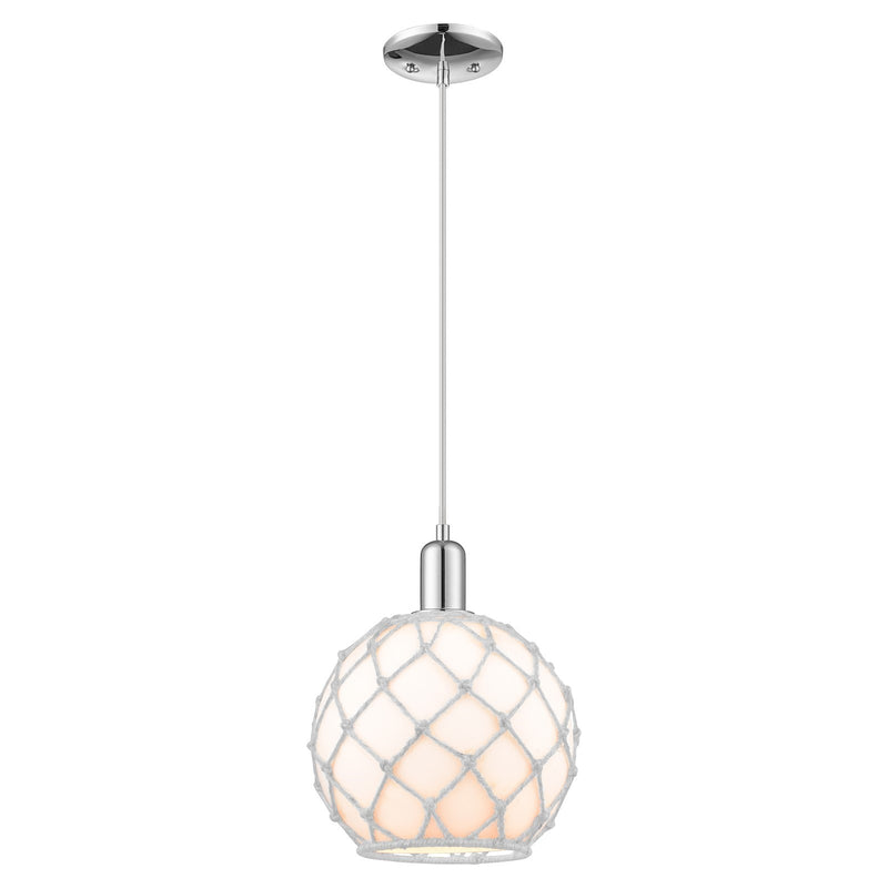 Innovations Farmhouse Rope 10in 1-Light Mini Pendant | Industrial Polished Chrome Steel and White Glass with Rope | Kitchen | Model 716-1P-PC-G121-10RW